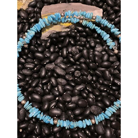 Native American Sterling Navajo Pearl & Blue Turquoise Chip Choker Wrap Necklace - Picture 2 of 9